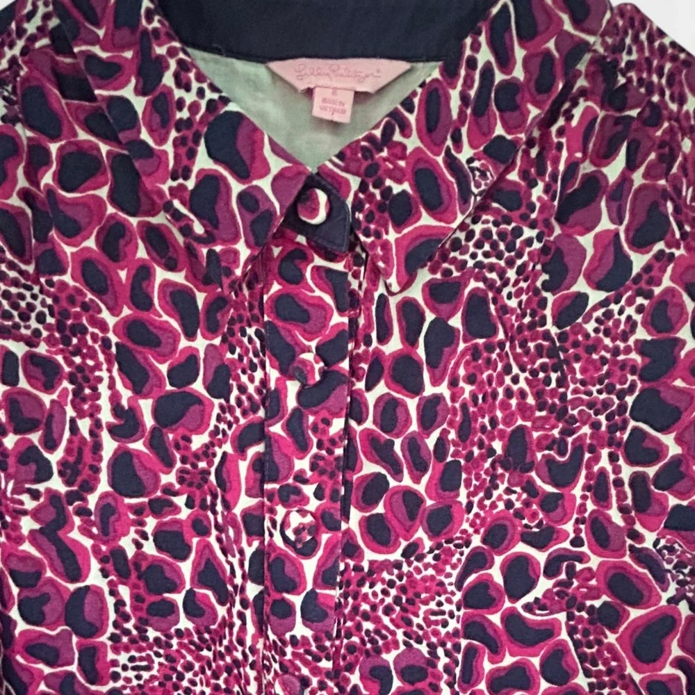 Lilly Pulitzer Pink Purple Leopard Animal Print Cotton Shirt Dress Size 4 - Picture 3 of 10